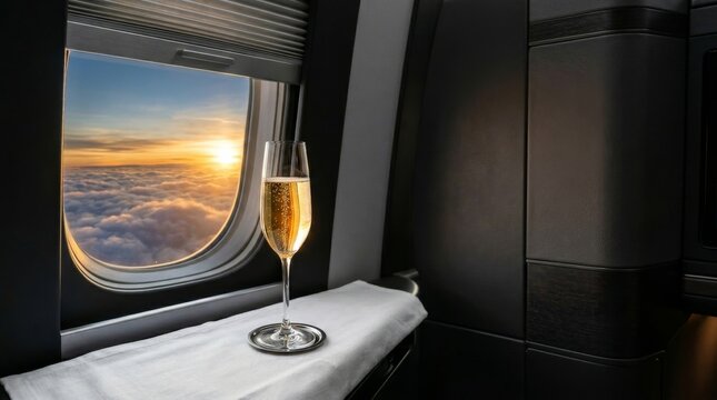 First Class Airplane Window View with Champagne at Sunset Over Clouds
