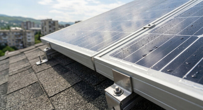 AI-generated solar panel roof mounting system with L-shaped brackets (L-feet) and mounting rails
