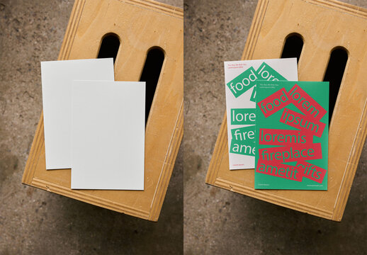 Mockup Of Two Customized Postcards On Chair