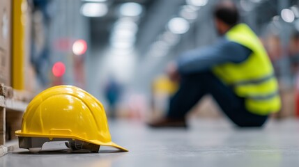 Fototapeta premium Yellow safety helmet on factory floor with blurred worker in background symbolizing workers compensation and employment labor law claim and workplace injury risk.