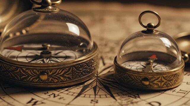 Antique brass compasses placed on vintage paper map. Navigational tool for maritime travel and discovery. Cartography equipment for exploration and orientation