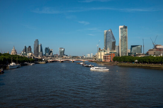 London, UK, 27th May 2026 - London Skyline from Waterloo bridge showing building work in progress and the main financial district, late  evening suchine,mid shot