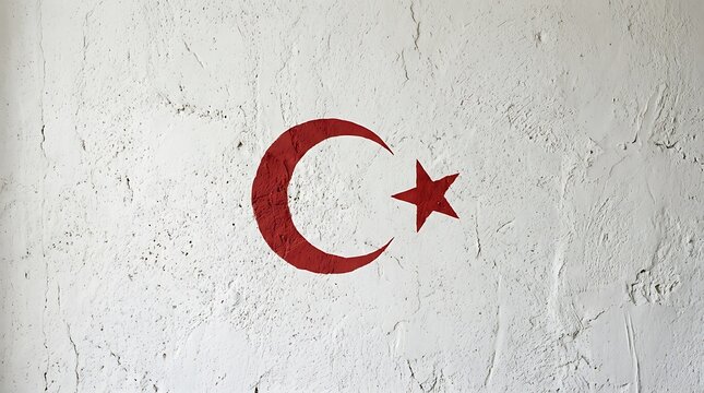Turkish Crescent and Star Painted on Rough White Wall Texture
