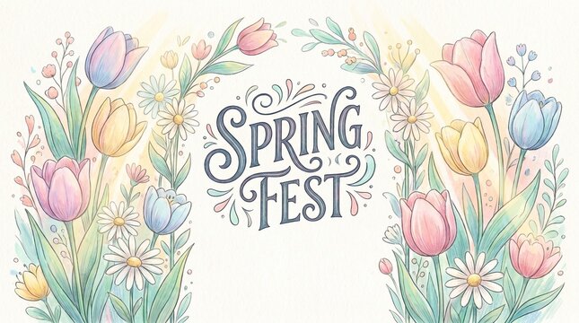 Beautiful Watercolor Spring Fest Banner with Blooming Tulips and Daisies Arch Design for Celebrations