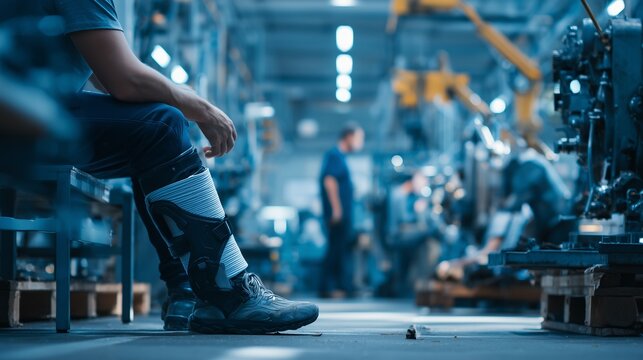 Worker seated in industrial facility with boot and fallen object on floor implying slip and fall worker trauma compensation claim.