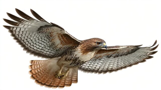 Brown and white hawk flying with wings spread wide isolated on white background