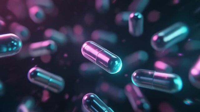 Abstract Pharmaceutical Capsules Floating on Dark Background