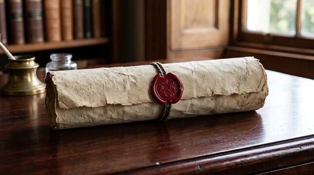 Vintage Parchment Scroll with Red Wax Seal on Old Wooden Desk