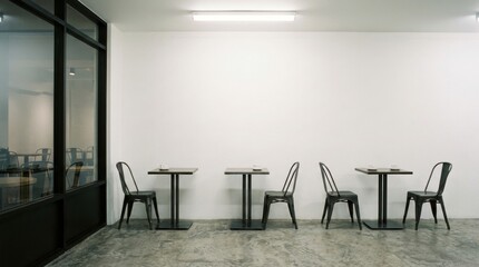 Fototapeta premium Minimalist cafe interior with black chairs and tables against a white wall.