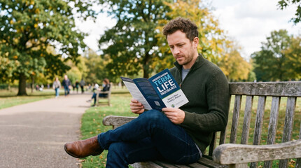 Obraz premium Using life insurance to build wealth a man reading in a park lifestyle content serene environment outdoor viewpoint