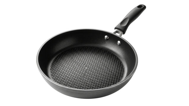 Non stick frying pan with black handle on transparent background