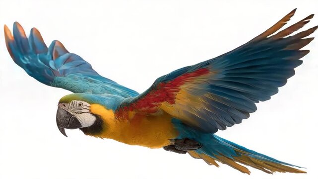 Vibrant blue and yellow macaw in flight isolated on white background spreading wings