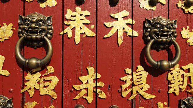 Closeup of ornate red wooden door with lion head knockers and Chinese calligraphy.