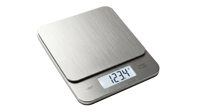 Digital kitchen scale with display and buttons on transparent background