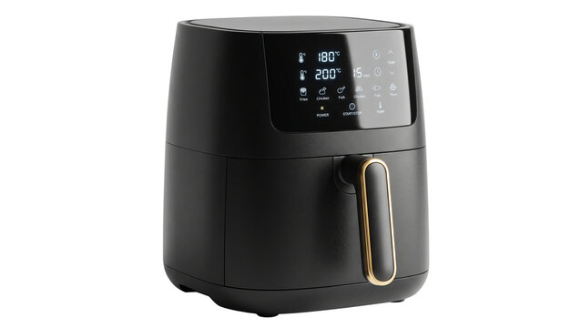 Black air fryer with digital display on transparent background