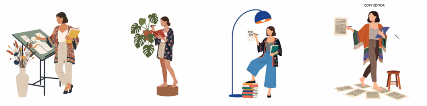 Minimalist flat vector illustration set of a professional female copy editor proofreading, writing, and working on various literary and publishing projects.