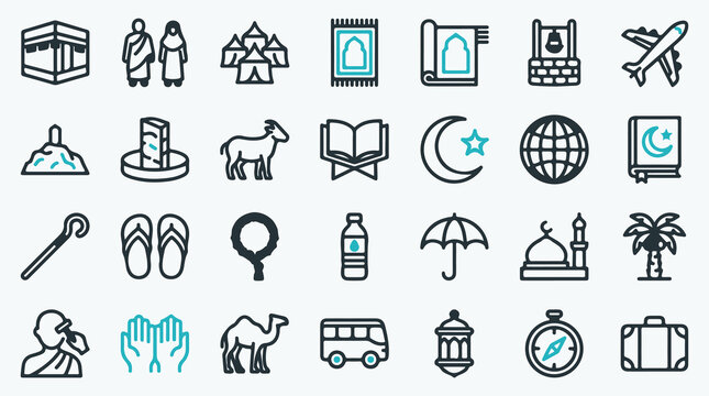 Islamic Hajj and Umrah Pilgrimage Vector Line Icons