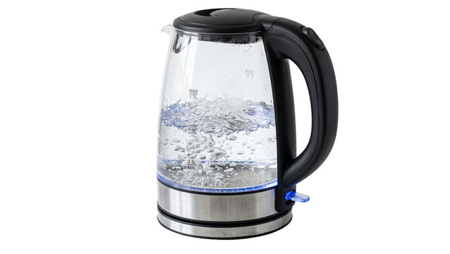 Glass electric kettle with water level markings on transparent background