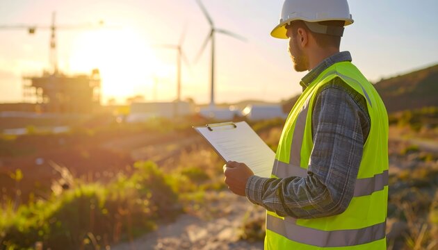 Environmental Engineer Assessing Renewable Energy Project Impact in Remote Landscape