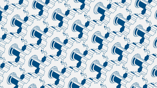 Isometric gears with axles and shafts on blue, mechanical engineering concept with cogwheels. 3D vector on blue background