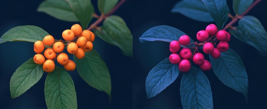 Artistic photo of wild berry clusters in navy-orange green-pink blue-gold textures.