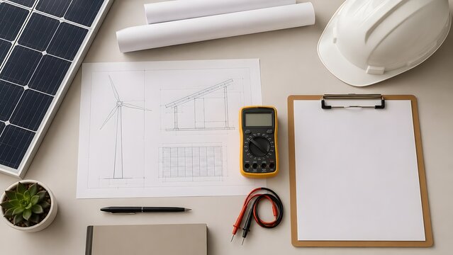 Flat Lay of Renewable Energy Inspection Tools with Blueprint and Multimeter