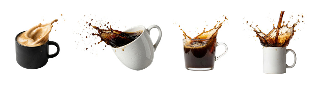 Coffee splashing from mugs dynamic motion on transparent background