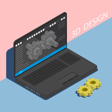 Isometric workplace of a 3D designer engineer, designer of complex industrial systems and equipment. Cartoon 3D vector on blue background
