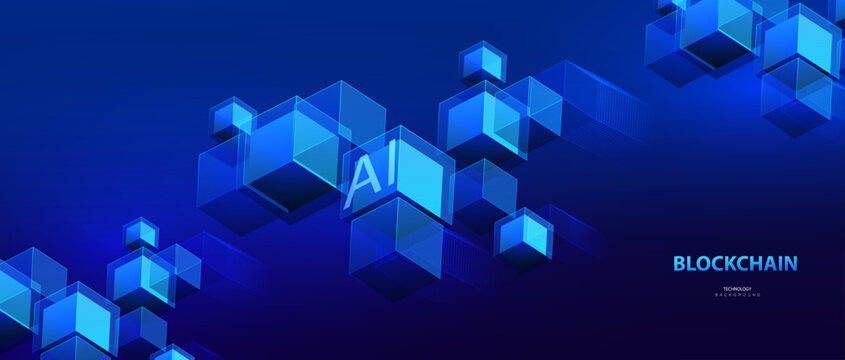 AI isometric blockchain connected concept. Blue flying block network design. 3d cubes big data design. Ai chain technology banner. Business working vector illustration.