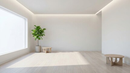 Fototapeta premium Minimalist interior design with a large window and a potted plant.
