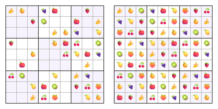 Colorful fruit sudoku puzzle worksheets featuring fruits and vegetables arranged in nine-by-nine grids for children's educational logic games 