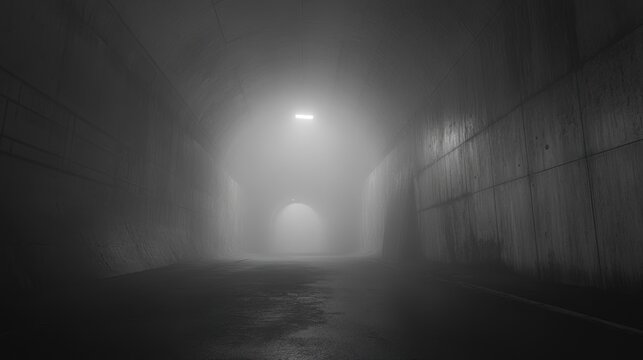 Foggy tunnel interior, dark and mysterious.  Concrete walls, a single light source illuminates the distant opening