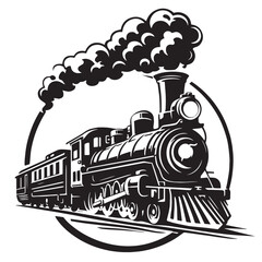 Vintage steam locomotive vector illustration, classic antique train engine with smoke clouds, retro railway transport emblem for logo design © Faisal