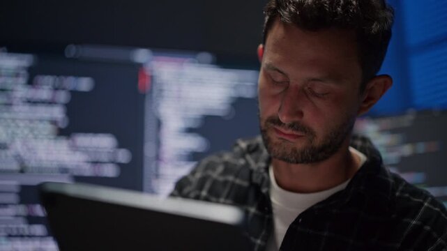 Male web developer using digital tablet while working late, serious application programmer checking code on computer screen in dark night office.