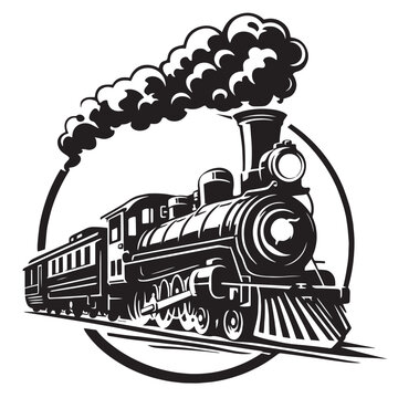 Vintage steam locomotive vector illustration, classic antique train engine with smoke clouds, retro railway transport emblem for logo design