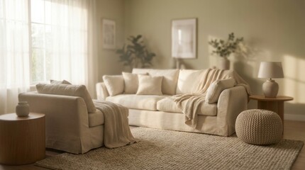 Naklejka premium Cozy Living Room with Beige Furniture and Natural Light Creating a Relaxing Ambiance.