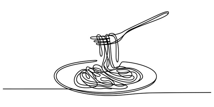Continuous line drawing of spaghetti pasta on a fork