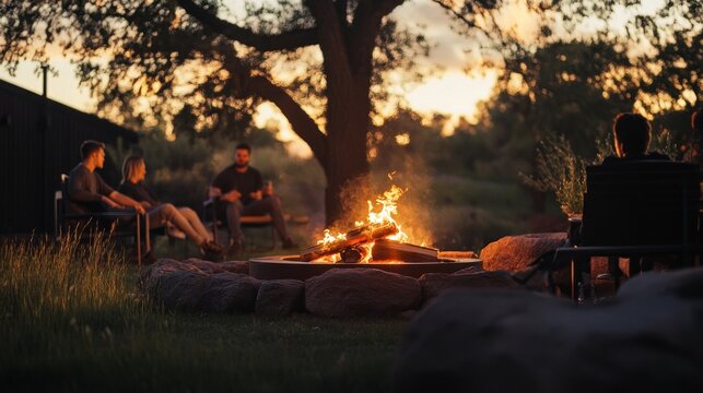 Group relaxing around outdoor fire pit at sunset