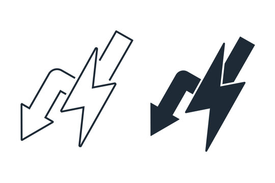 Lightning bolt icon with a downward arrow. Decrease in energy, tension. Vector linear icon illustration isolated on white background.