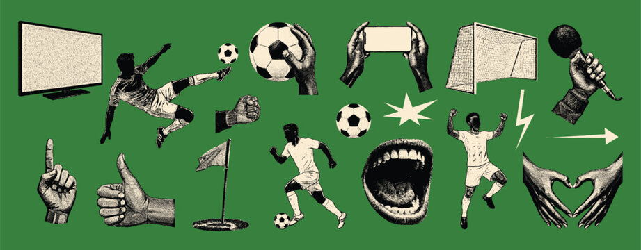 Retro Football Doodle and Grunge Halftone World Cup Scrapbook Transparent Graphics Set.