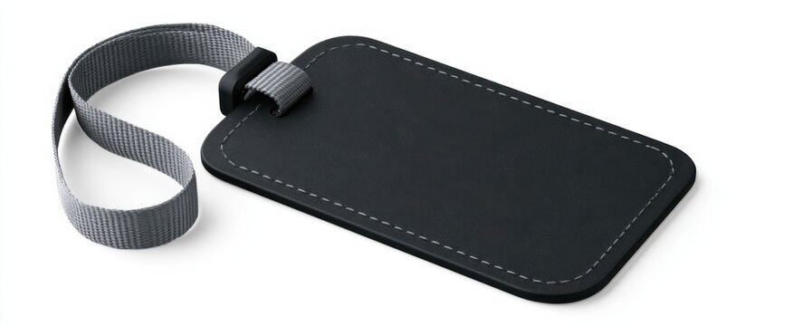Black luggage tag with gray nylon strap isolated, travel accessory for suitcase identification and customization on white background