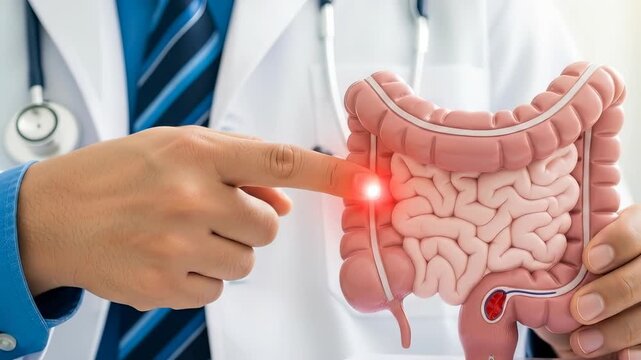 Medical professional highlighting intestinal disease, doctor examining human digestive system model, colon illness diagnosis, gastrointestinal pathology, health research, anatomy study