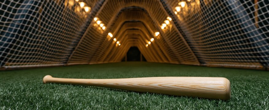 Indoor baseball practice tunnel with bat on artificial turf and protective netting under warm lighting.