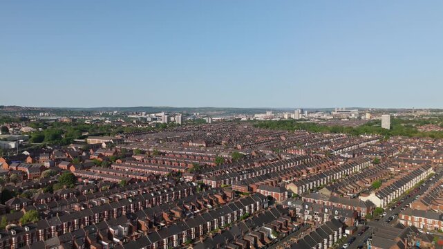 Newcastle upon Tyne UK: 25th May 2026: Drone footage shows terraced houses in Heaton at dawn. Rows of Tyneside flats near Chillingham Road 