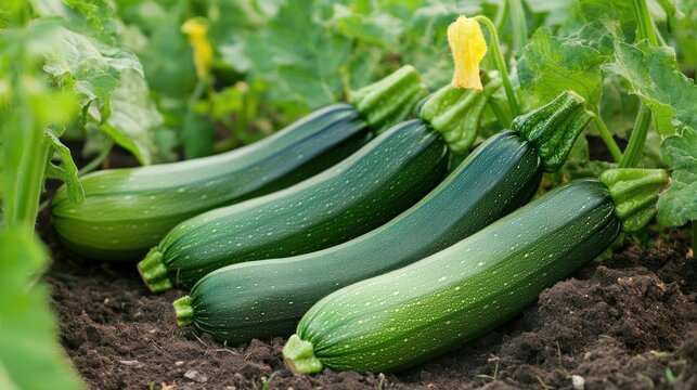 Fresh green zucchini fruits growing in a garden bed.  Healthy and vibrant vegetables ready to harvest