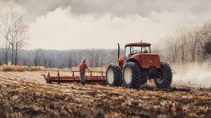 Fototapeta premium Rural scene of a farmer working in a field