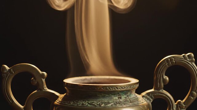Close up of smoke floating slowly from an antique vase with light.