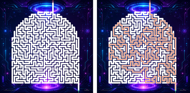 Cyberpunk sci fi circuit board arched maze puzzle with neon glowing motherboard backdrop