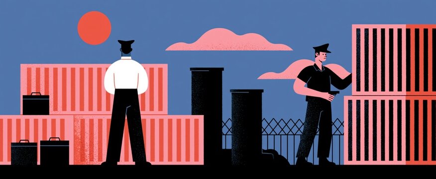 Illustration of customs officials inspecting cargo representing global trade barriers and import-export regulations.
