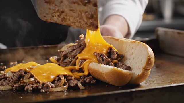 Melty Cheese Steak Sandwich Being Assembled on Griddle - Food Photography